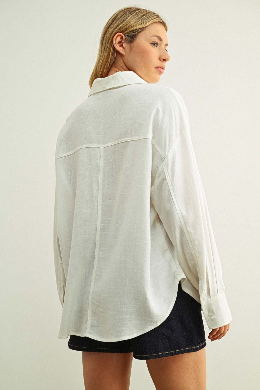 Dara button front blouse back view relaxed fit