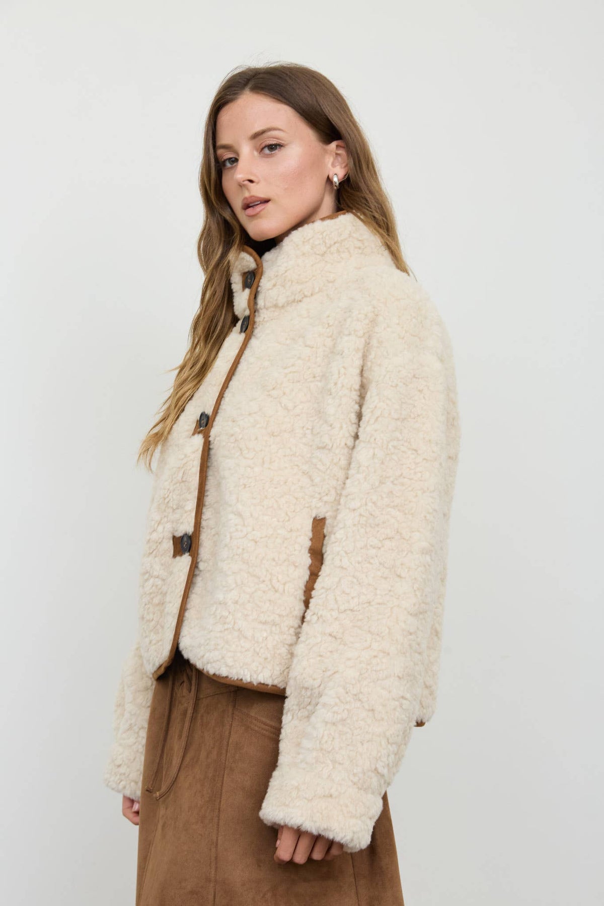 MOCK NECK SHERPA SUEDE TRIM BUTTON DOWN JACKET