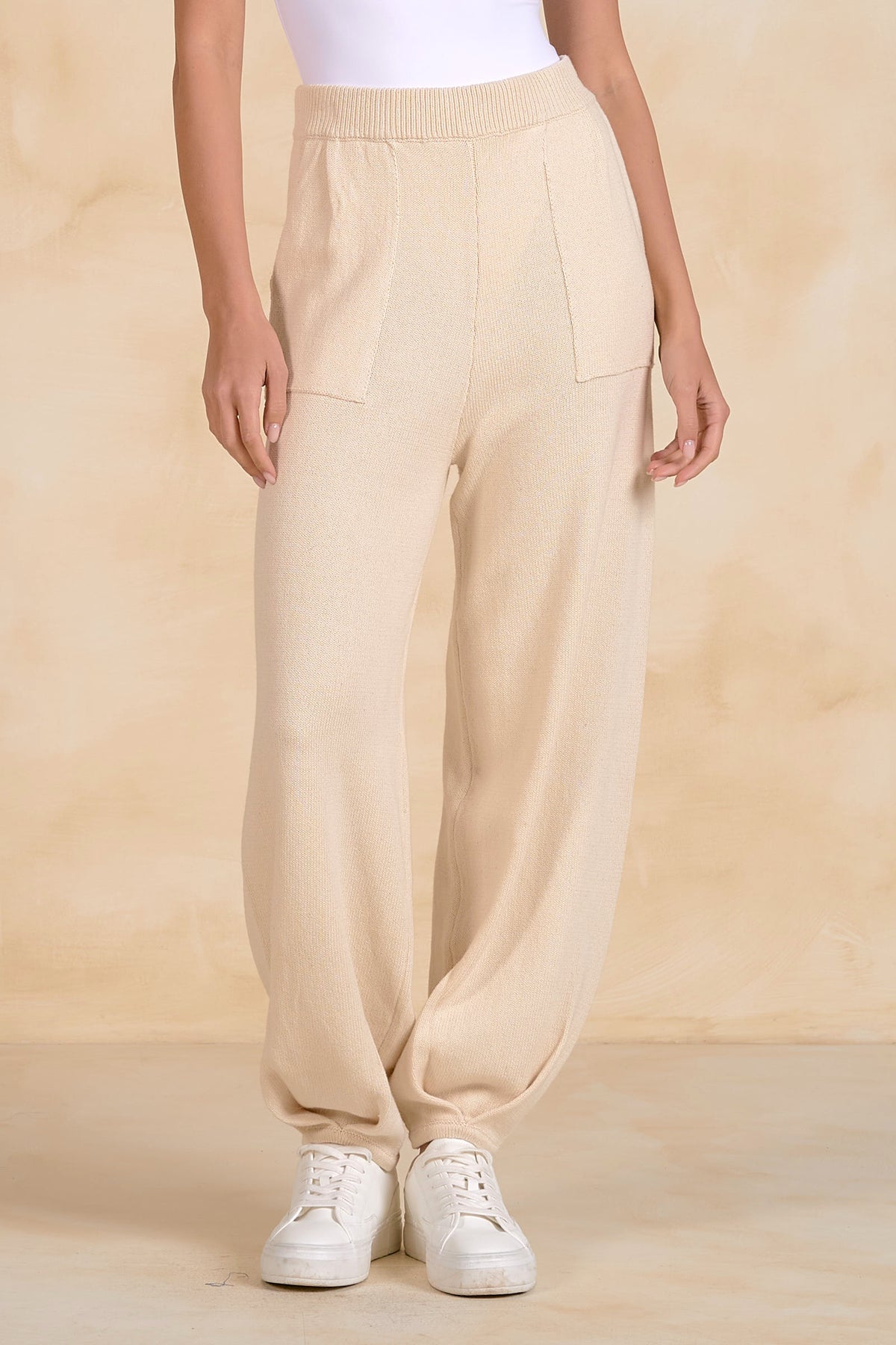 Blaine women’s oatmeal knit lounge pants with ribbed waistband, front patch pockets and relaxed leg