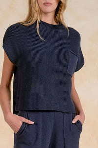 Close-up of Elan SW11480 navy knit sweater top with crew neck, ribbed texture and chest pocket