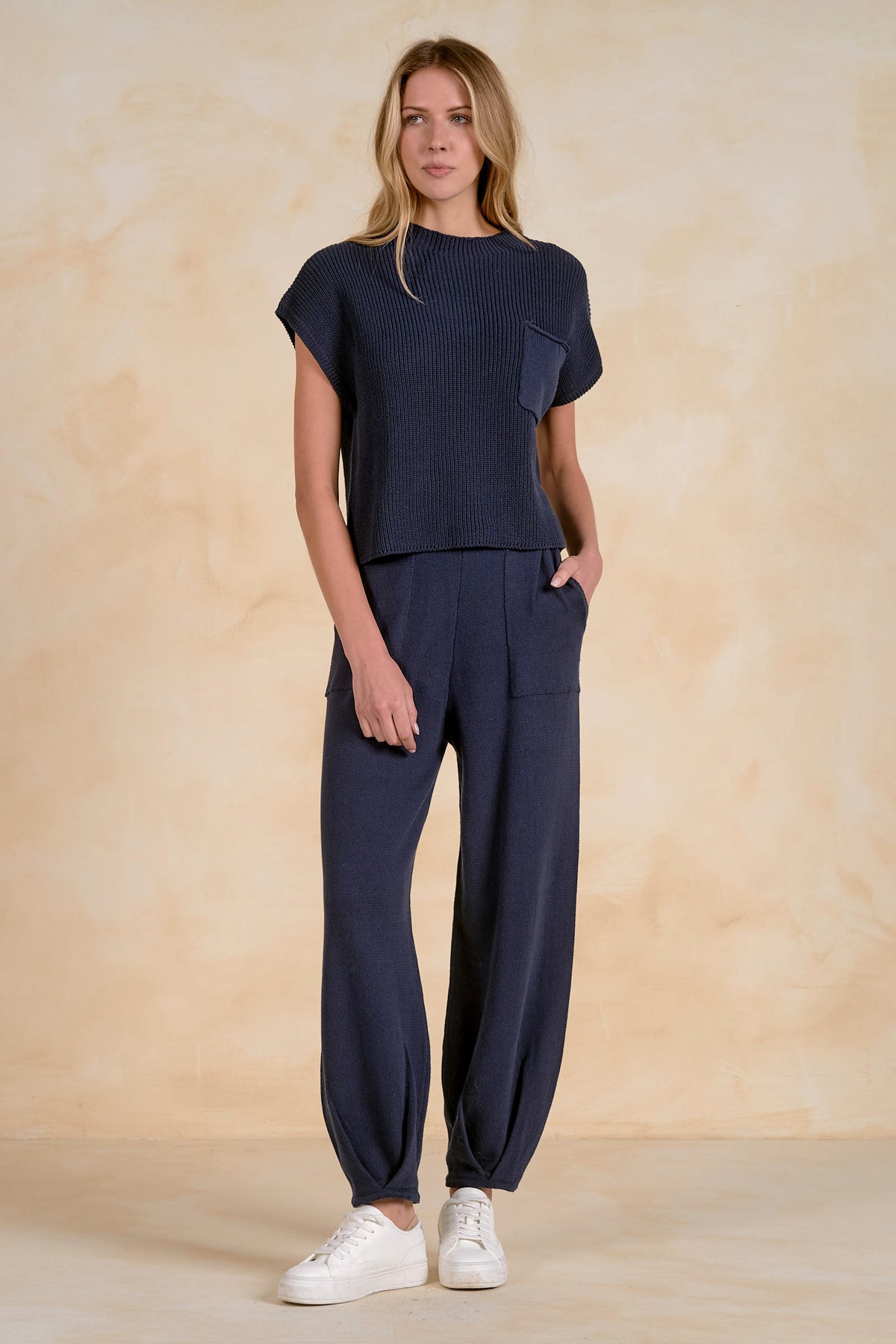 Elan SW11480 navy short sleeve sweater top with chest pocket styled with matching knit pants