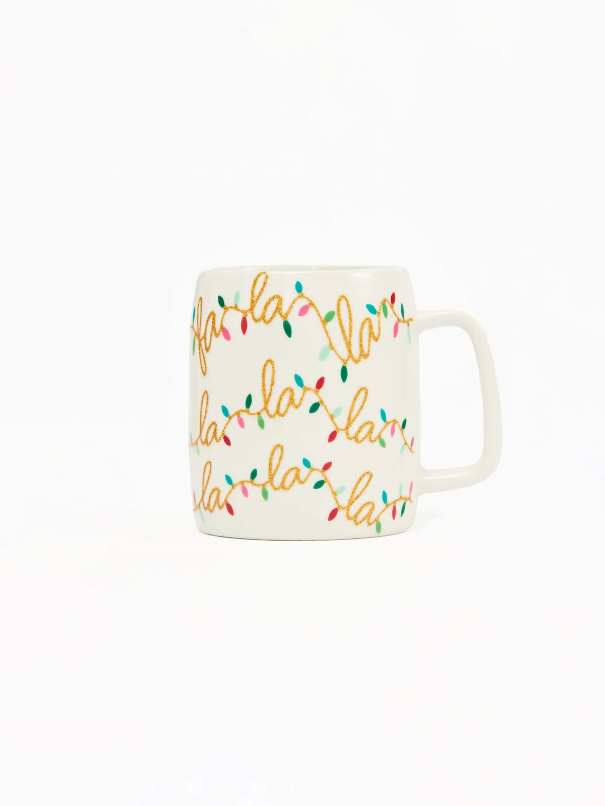 Fa La La Christmas Mug by Mary Square featuring colorful holiday lights and glossy finish.
