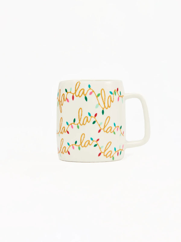 Fa La La Christmas Mug by Mary Square featuring colorful holiday lights and glossy finish.