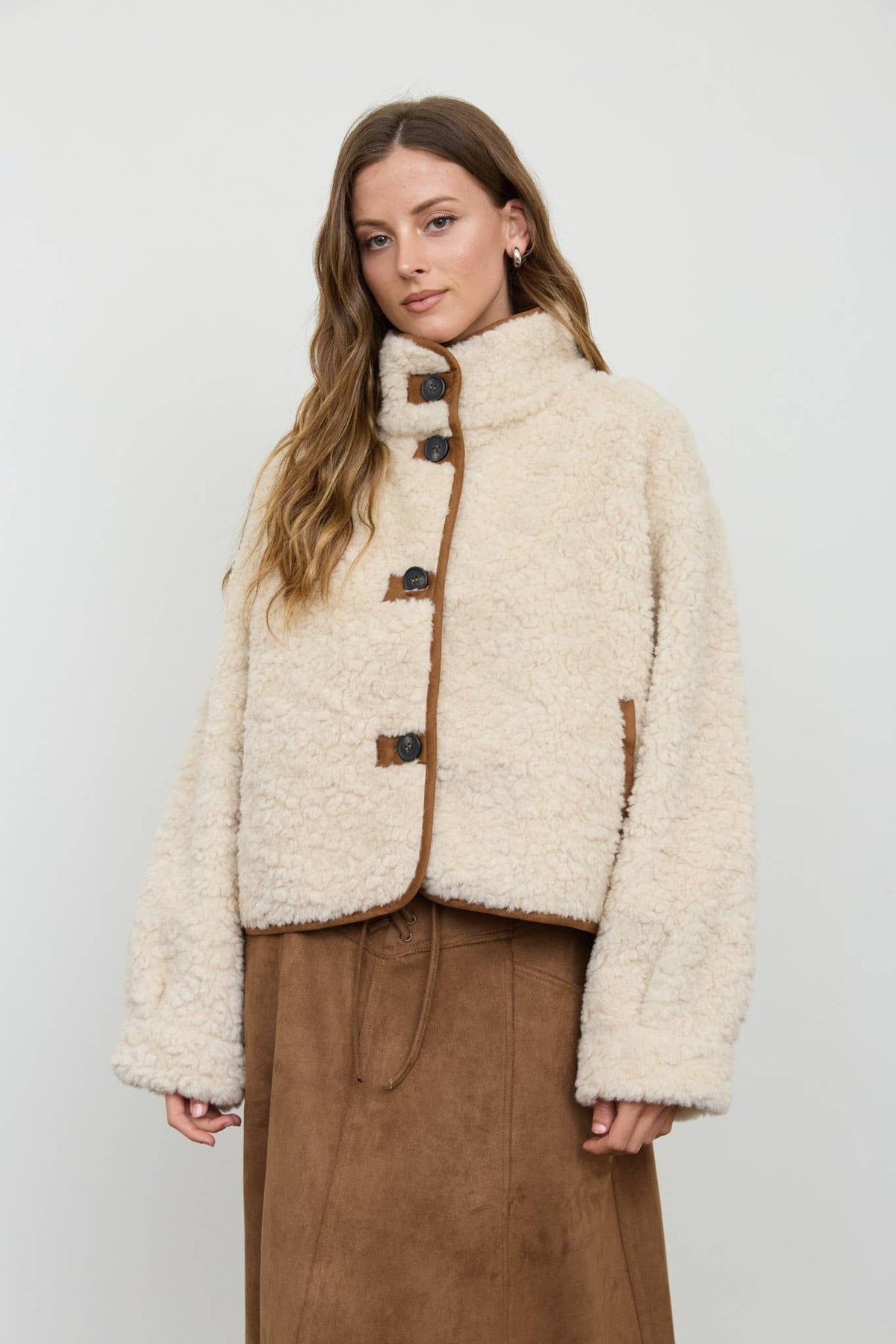 MOCK NECK SHERPA SUEDE TRIM BUTTON DOWN JACKET