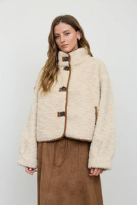MOCK NECK SHERPA SUEDE TRIM BUTTON DOWN JACKET