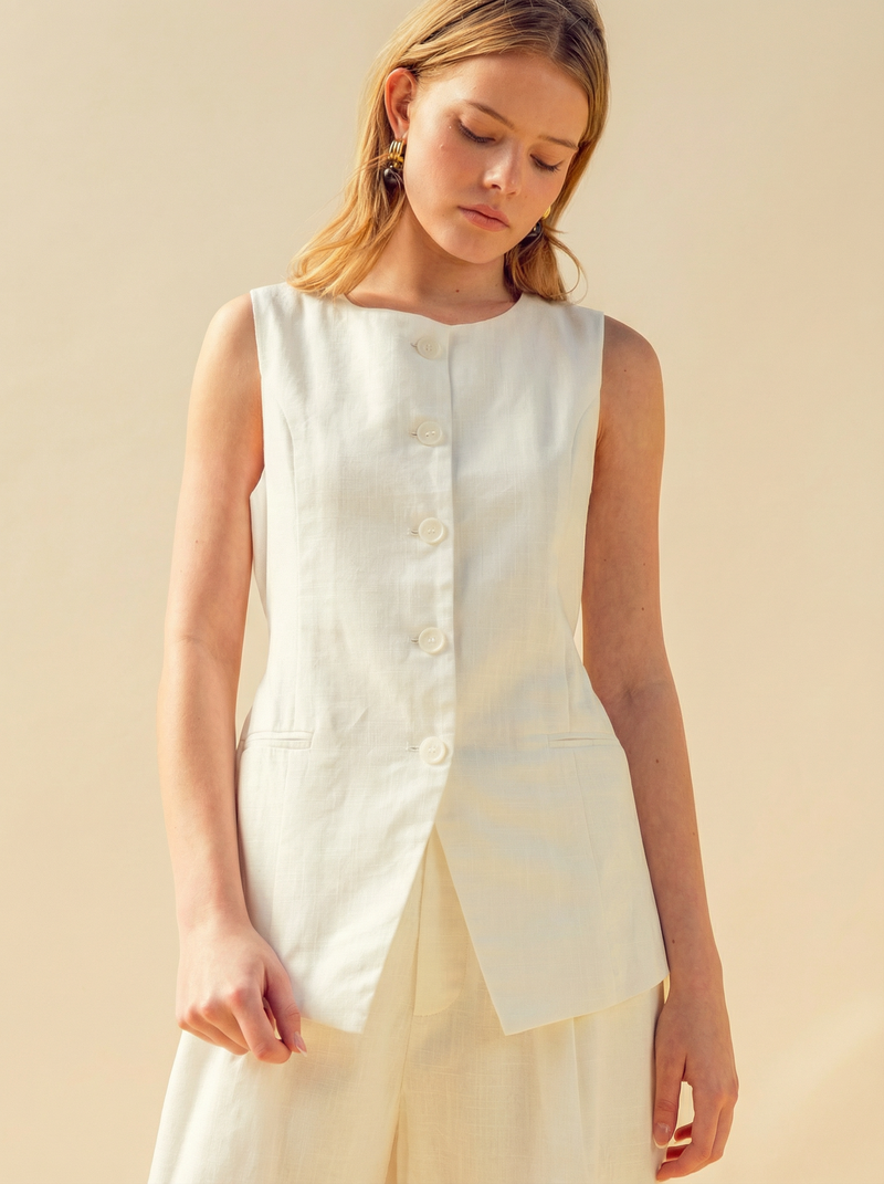 ivory linen vest top women button front tailored sleeveless summer top