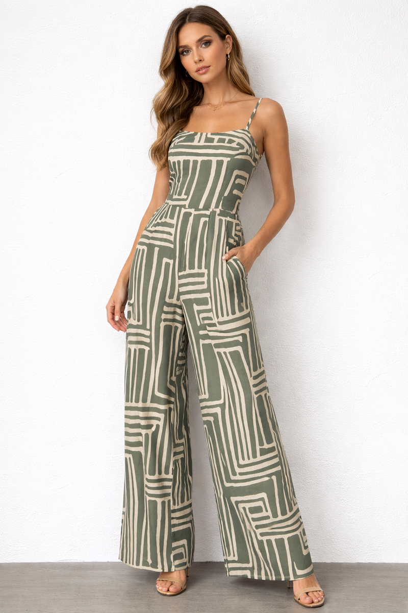 Jane olive green geometric print wide leg jumpsuit front view