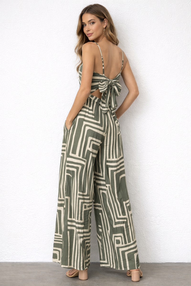 Jane open back olive green jumpsuit with tie detail back view