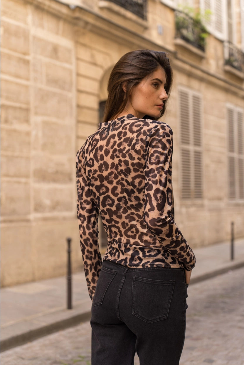 Leopard Mesh Wrap Top