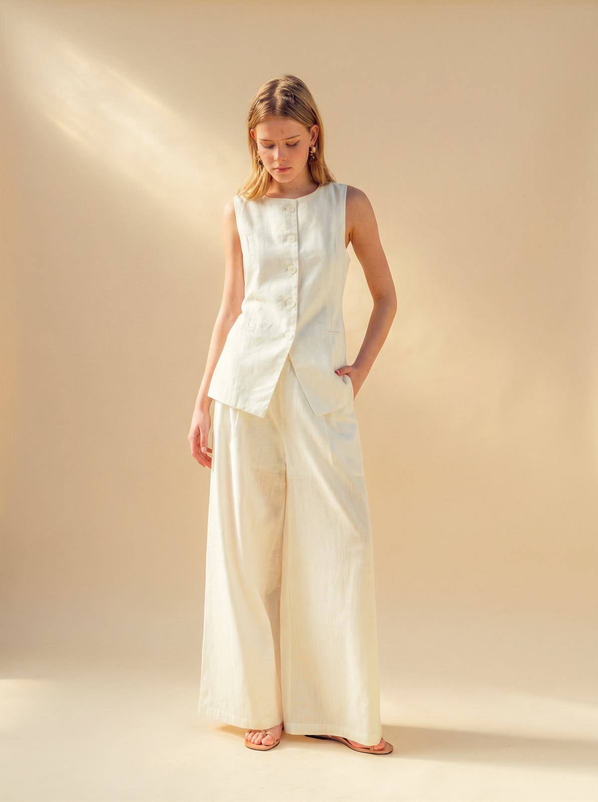 ivory linen vest top with matching wide leg pants women summer outfit