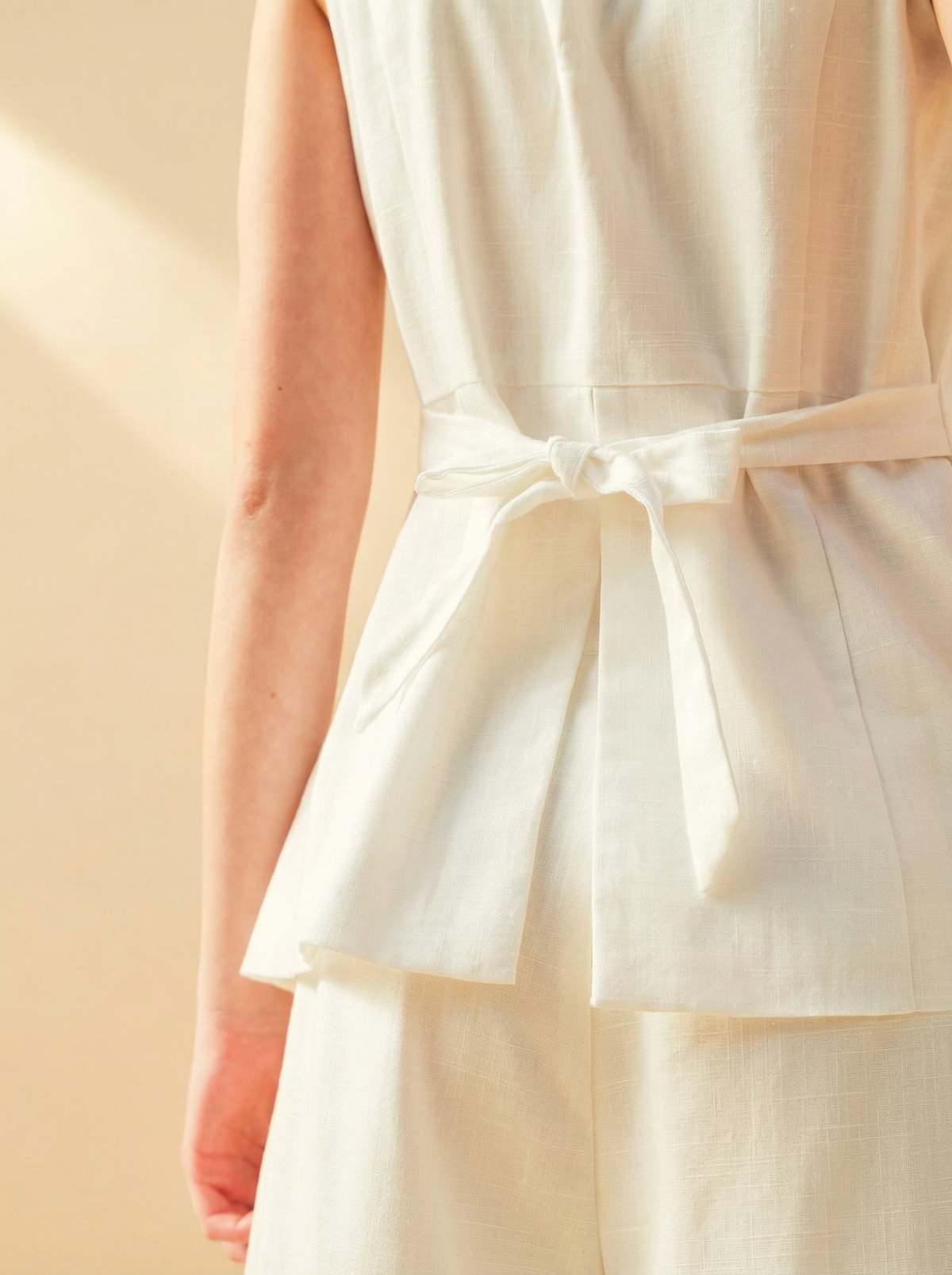 ivory linen vest top waist tie detail back view soft linen fabric women
