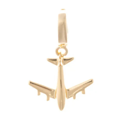 Close-up of the Michelle McDowell gold airplane travel charm, designed for customizable charm bar necklaces and bracelets.