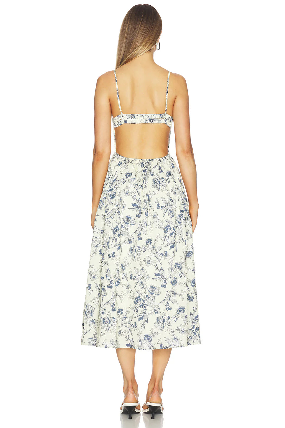 Detailed back view of the NIA Destene floral dress showcasing the dramatic backless design and horizontal mid-back strap.