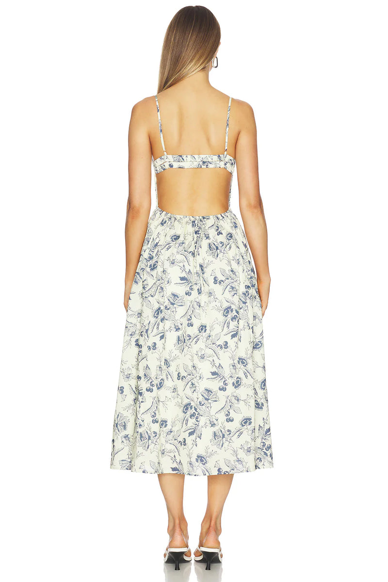 Detailed back view of the NIA Destene floral dress showcasing the dramatic backless design and horizontal mid-back strap.