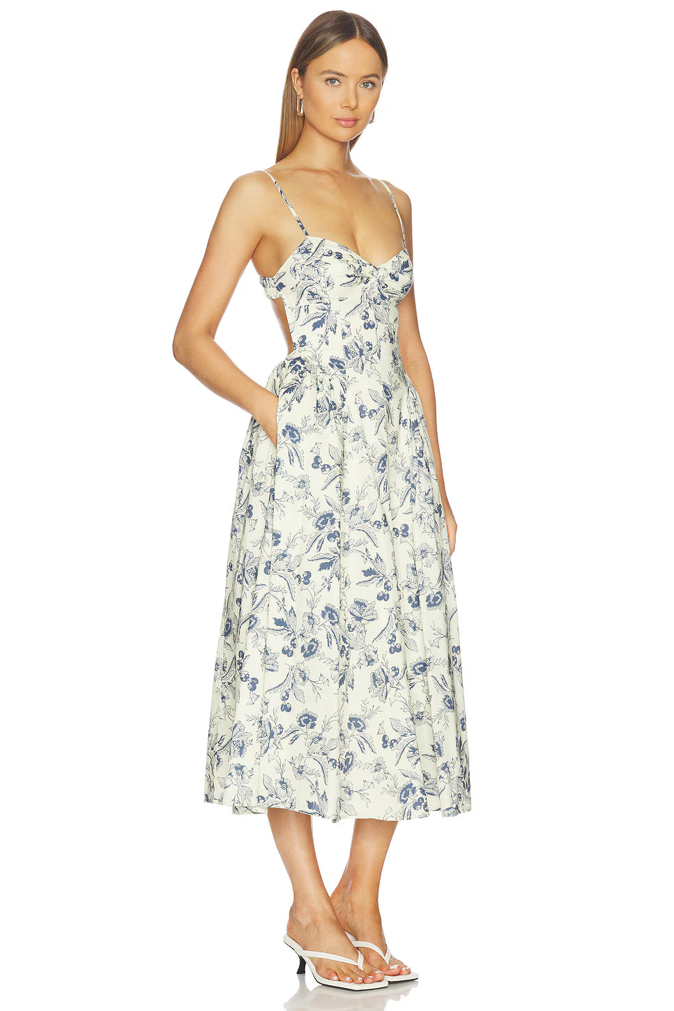Side view of the NIA Destene floral midi dress, perfect for garden parties and summer wedding guest outfits.