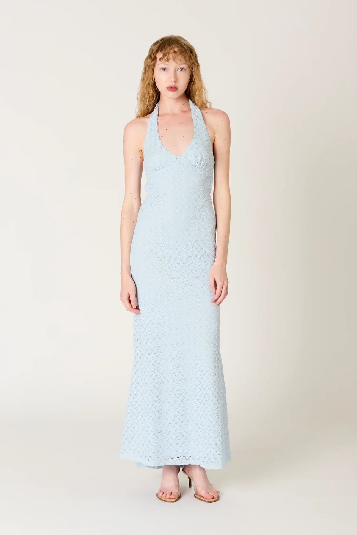 Model wearing NIA Pluma Dress in Sky Blue backless halter maxi silhouette standing in a garden setting.