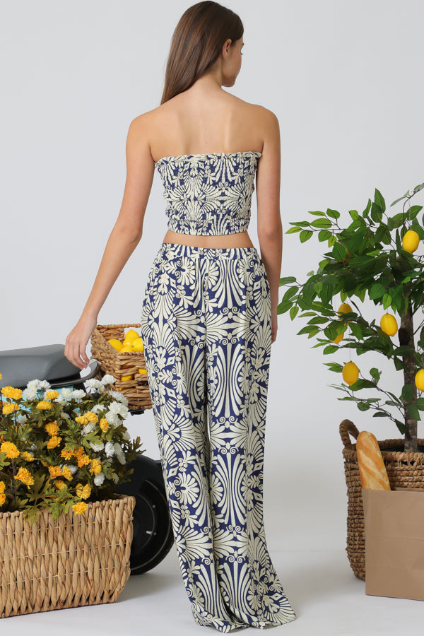 Nora navy cream vacation two piece set back view wide leg pants