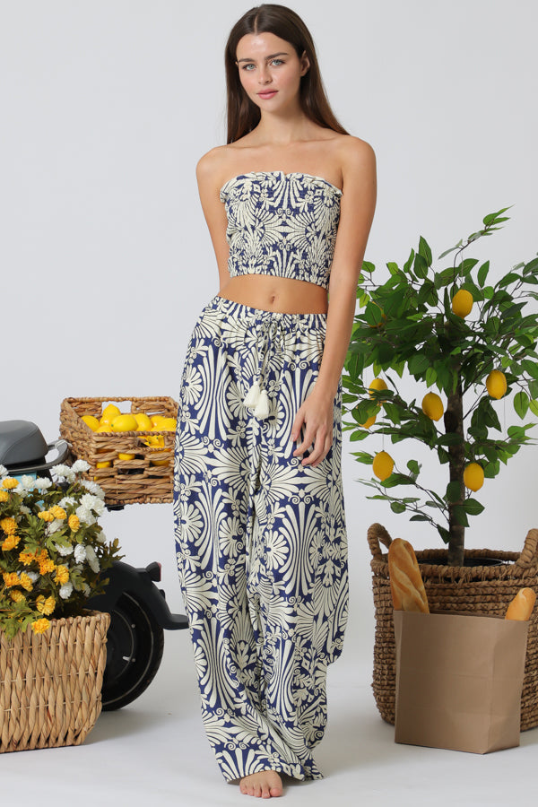 Nora navy and cream printed two piece set front view strapless crop top and wide leg pants