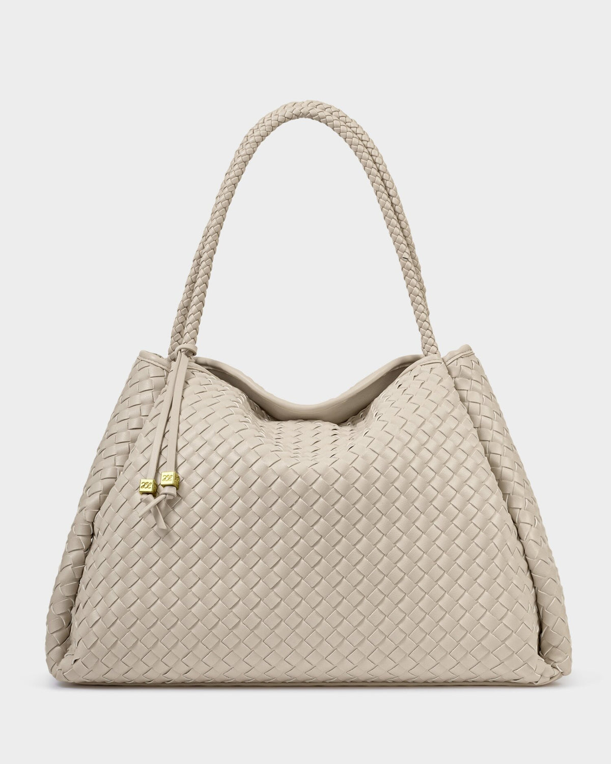 Oyster woven shoulder tote bag with braided strap and gold hardware