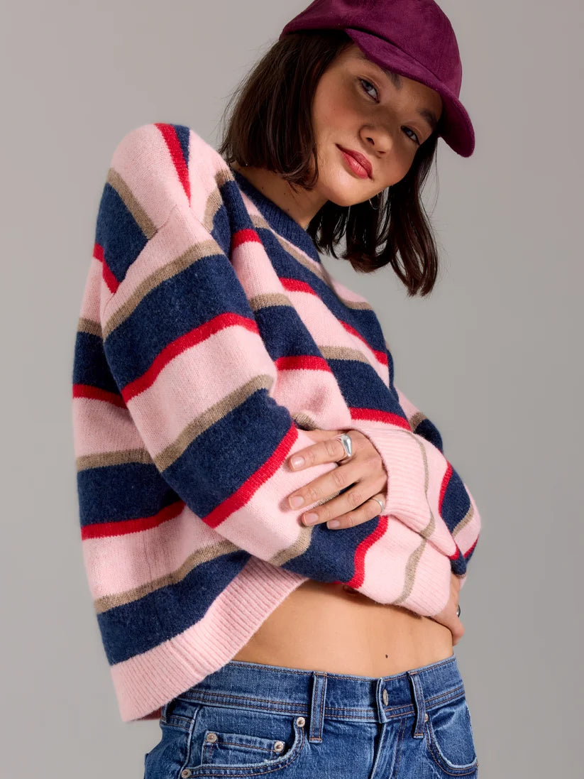 Carlyle Crew Neck Sweater- Coral Stripe