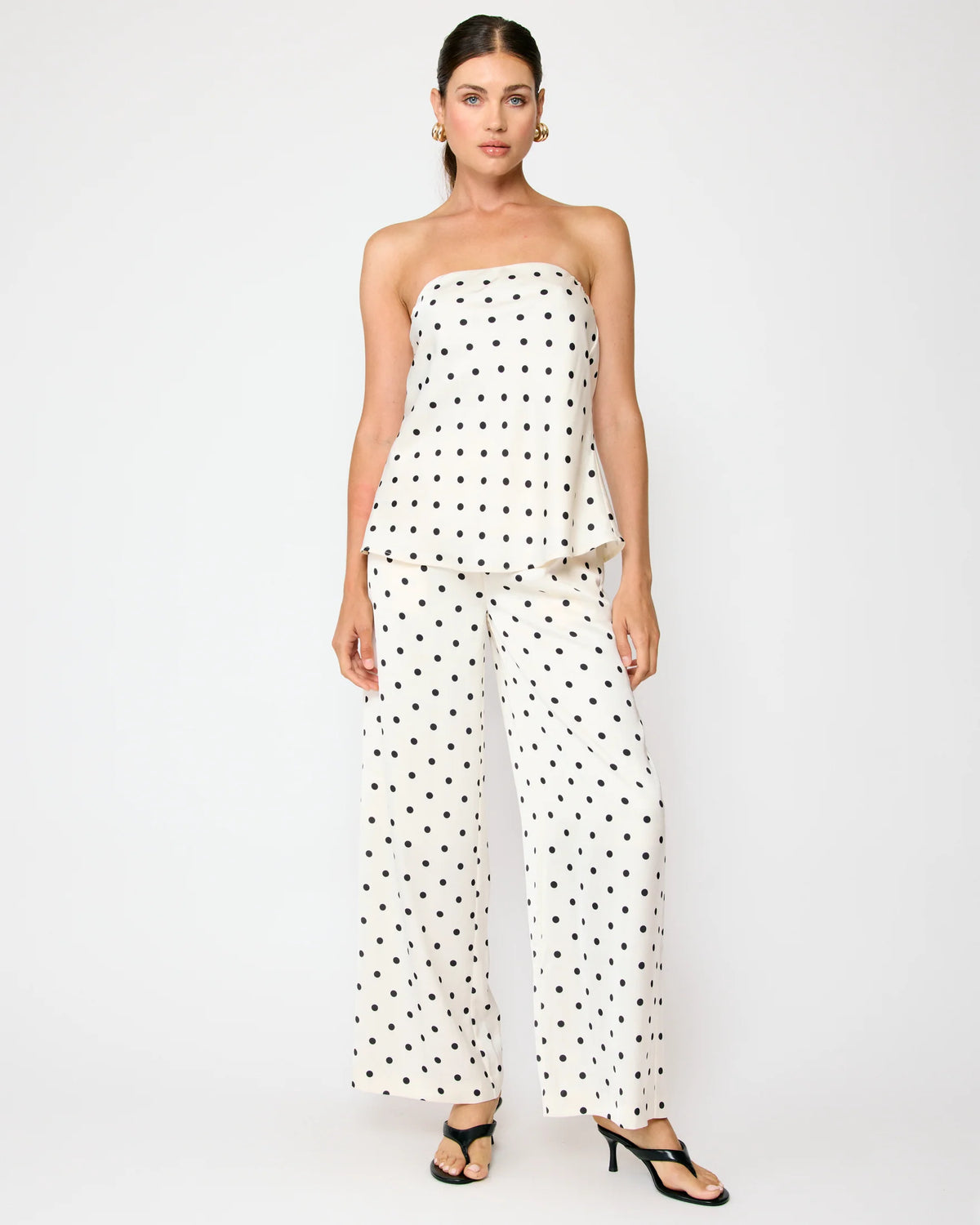 polka dot matching set strapless tube top with wide leg pants outfit