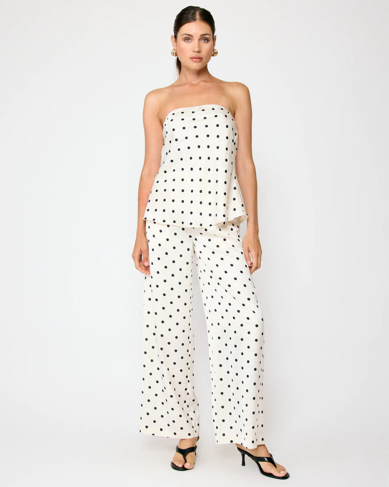 polka dot matching set strapless tube top with wide leg pants outfit