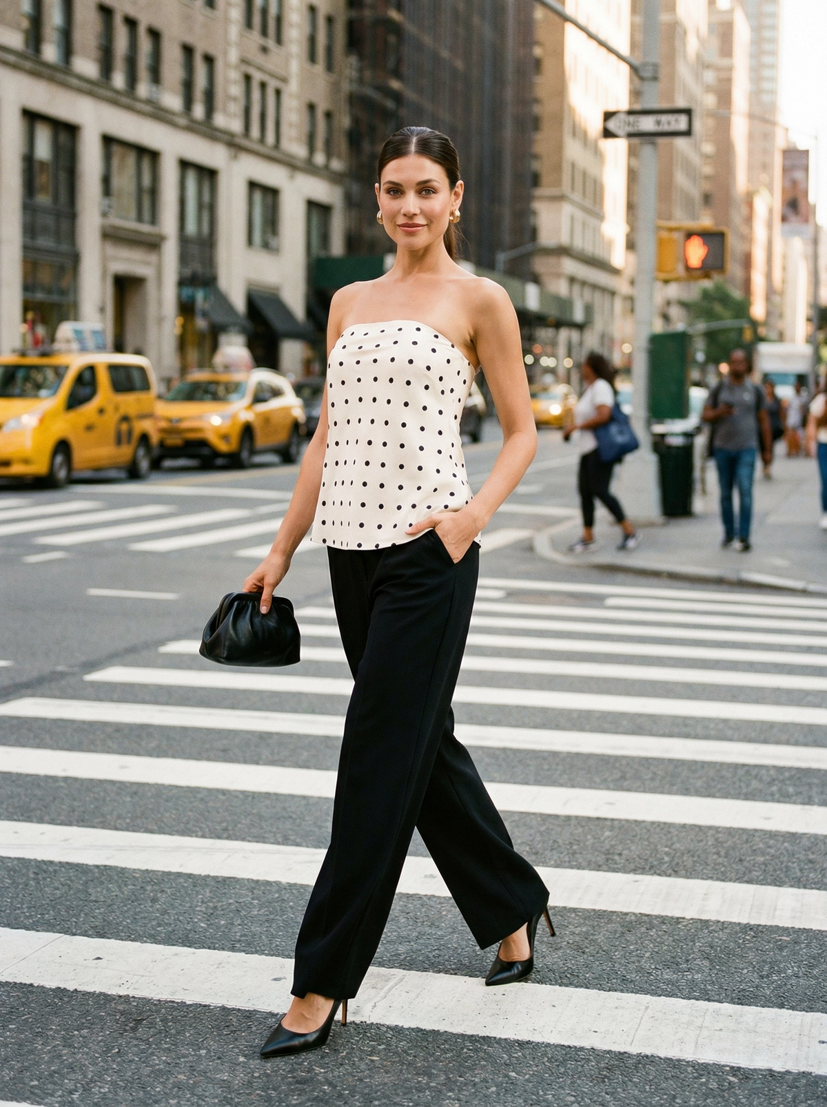 polka dot matching set strapless tube top with wide leg pants outfit
