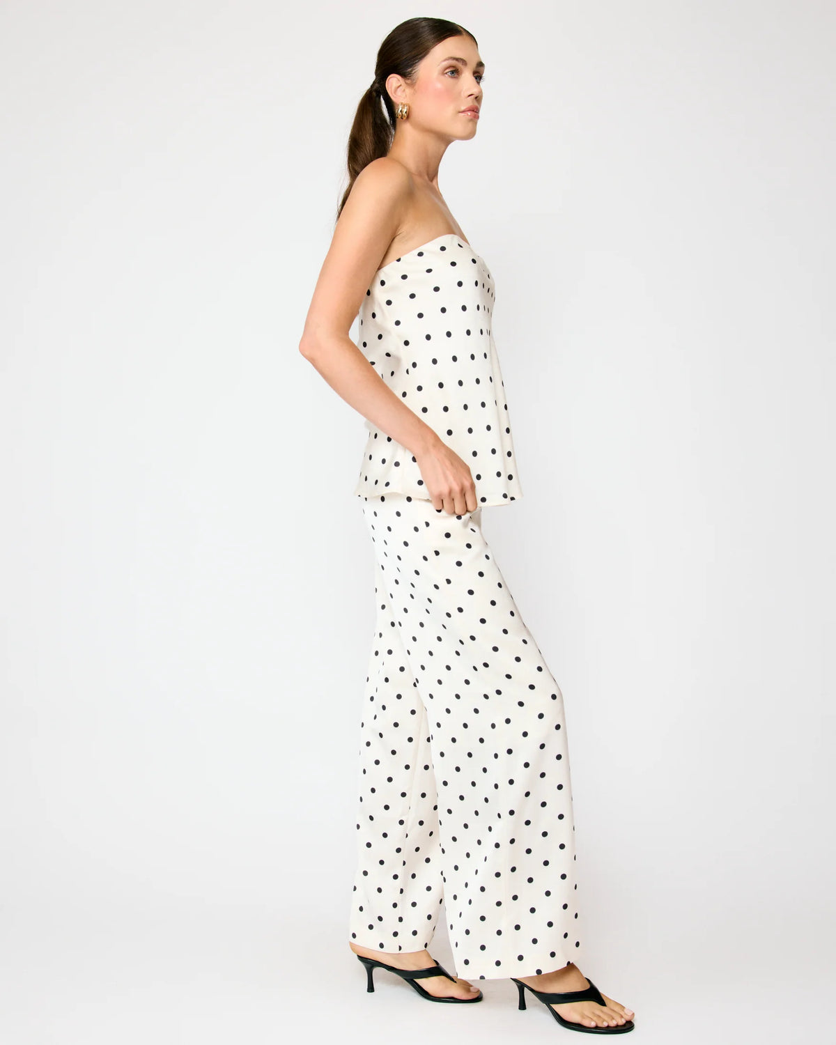 side view strapless polka dot blouse flowy silhouette women