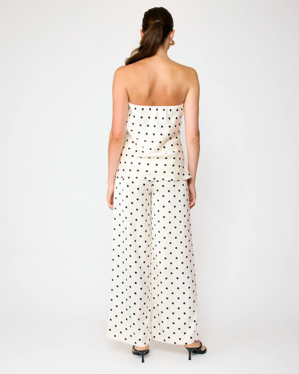 back view polka dot strapless tube top women ivory black print