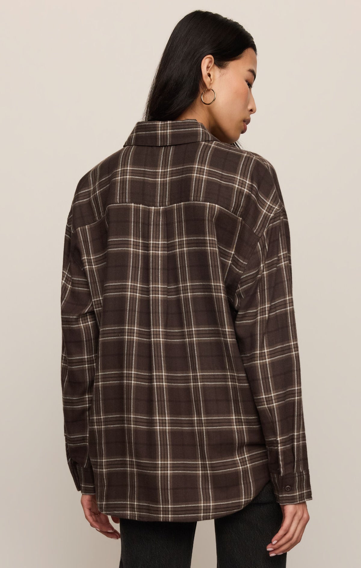 River Plaid Button Up in Dark Roast, back view showing the curved hem — women's soft plaid flannel shirt