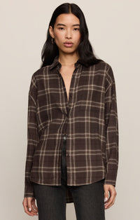 River Plaid Button Up in Dark Roast, front view worn open over dark jeans — women's plaid flannel button up shirt by Z SUPPLY