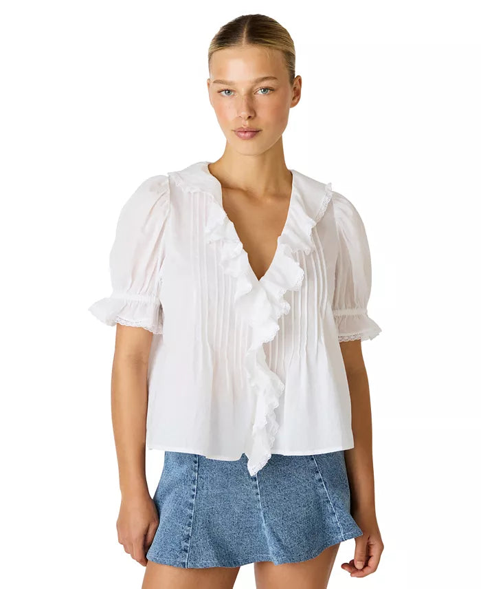 Steve Madden Lyric white ruffle blouse with puff sleeves styled with denim skirt