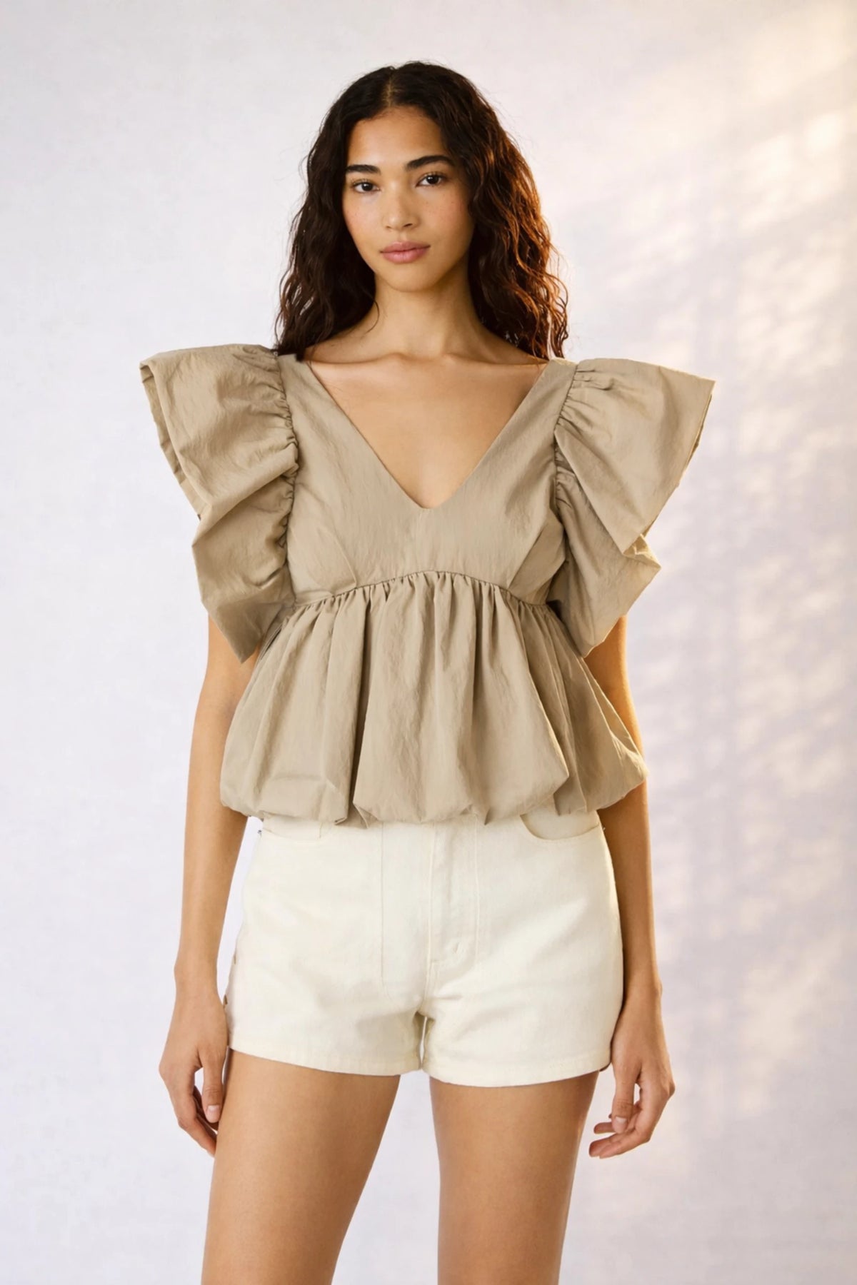 Steve Madden Saskya blouse khaki front view ruffle sleeve V-neck peplum top