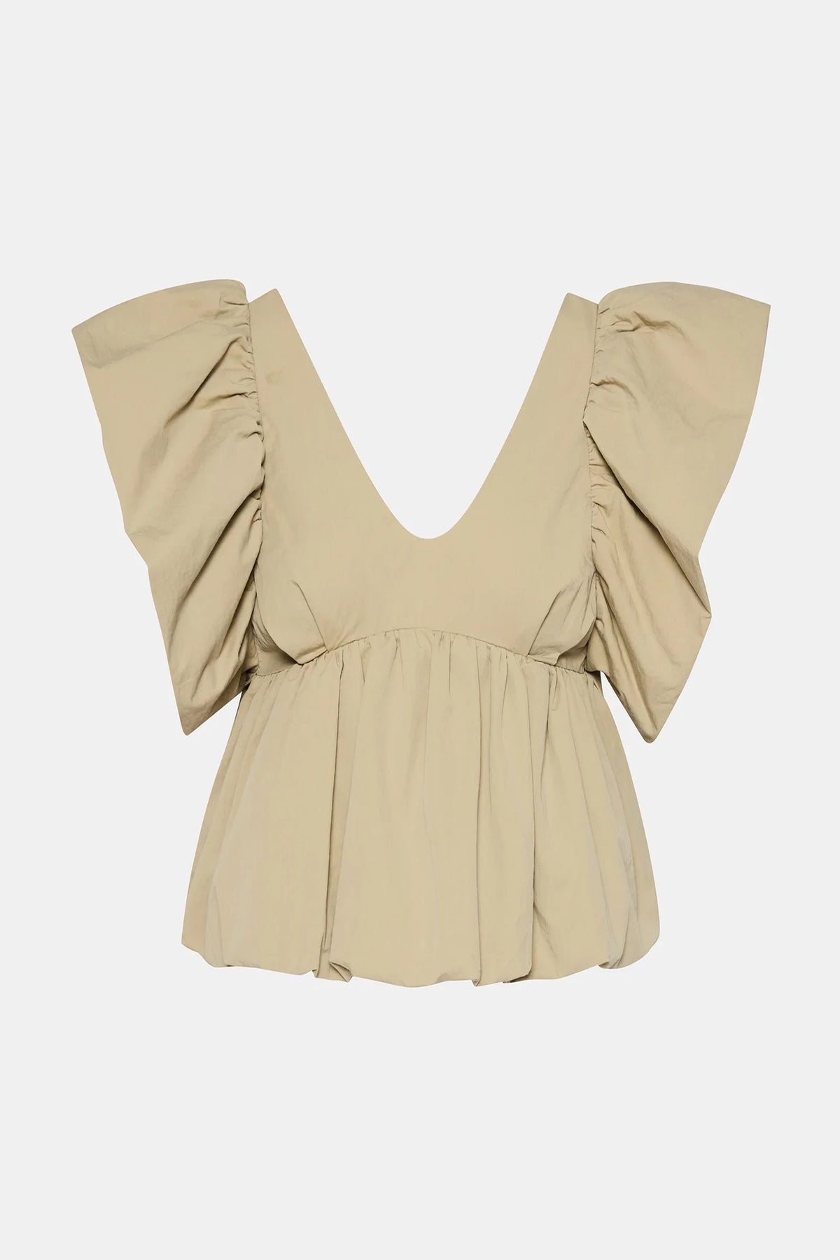 Steve Madden Saskya blouse khaki product image isolated showing V-neck and peplum design
