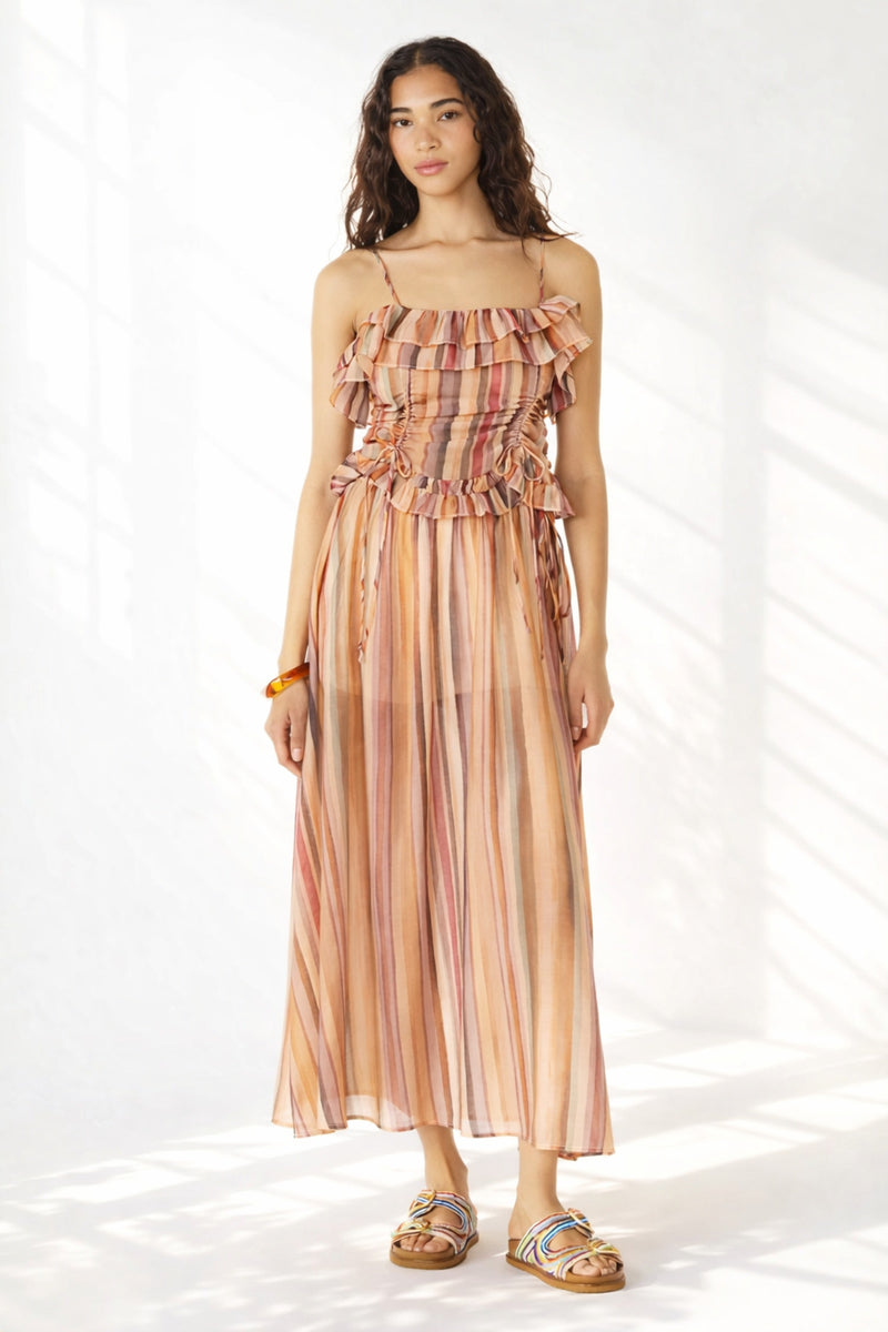 Model wearing Steve Madden Shilloh striped ruffle top styled for summer outfit