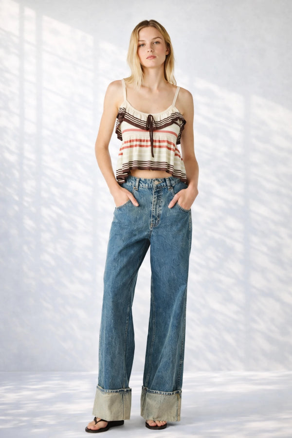 Steve Madden striped ruffle tank top cropped cami with tie front detail styled with wide leg jeans