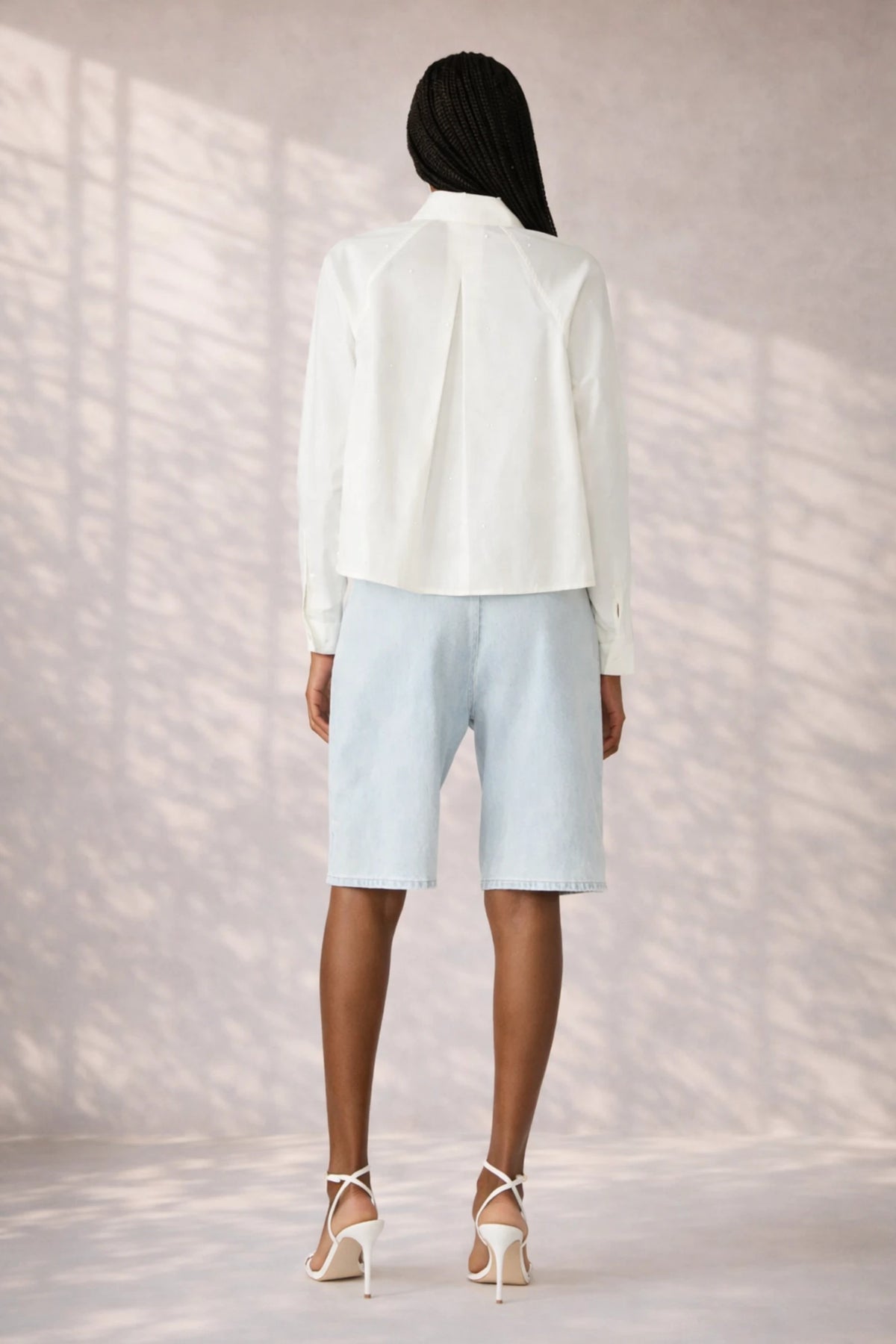 Back view of Steve Madden Tess Button Front Shirt white cropped blouse with relaxed fit