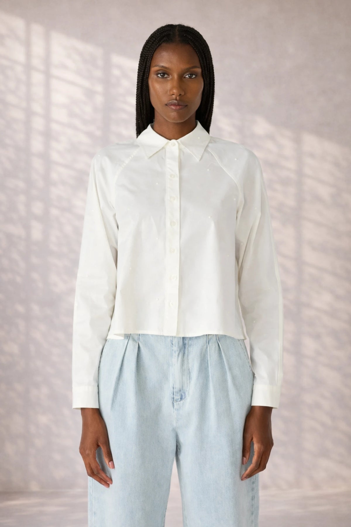 Close-up detail of Steve Madden Tess Button Front Shirt showing collar, buttons, and textured fabric