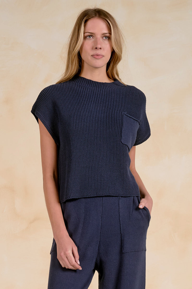 Women’s Elan SW11480 navy sweater top with short sleeves, relaxed fit and front pocket