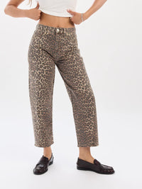 Westward Barrel Jeans in Cool Cat, cropped front view showing the cinched high rise waist — women's leopard barrel jeans detail